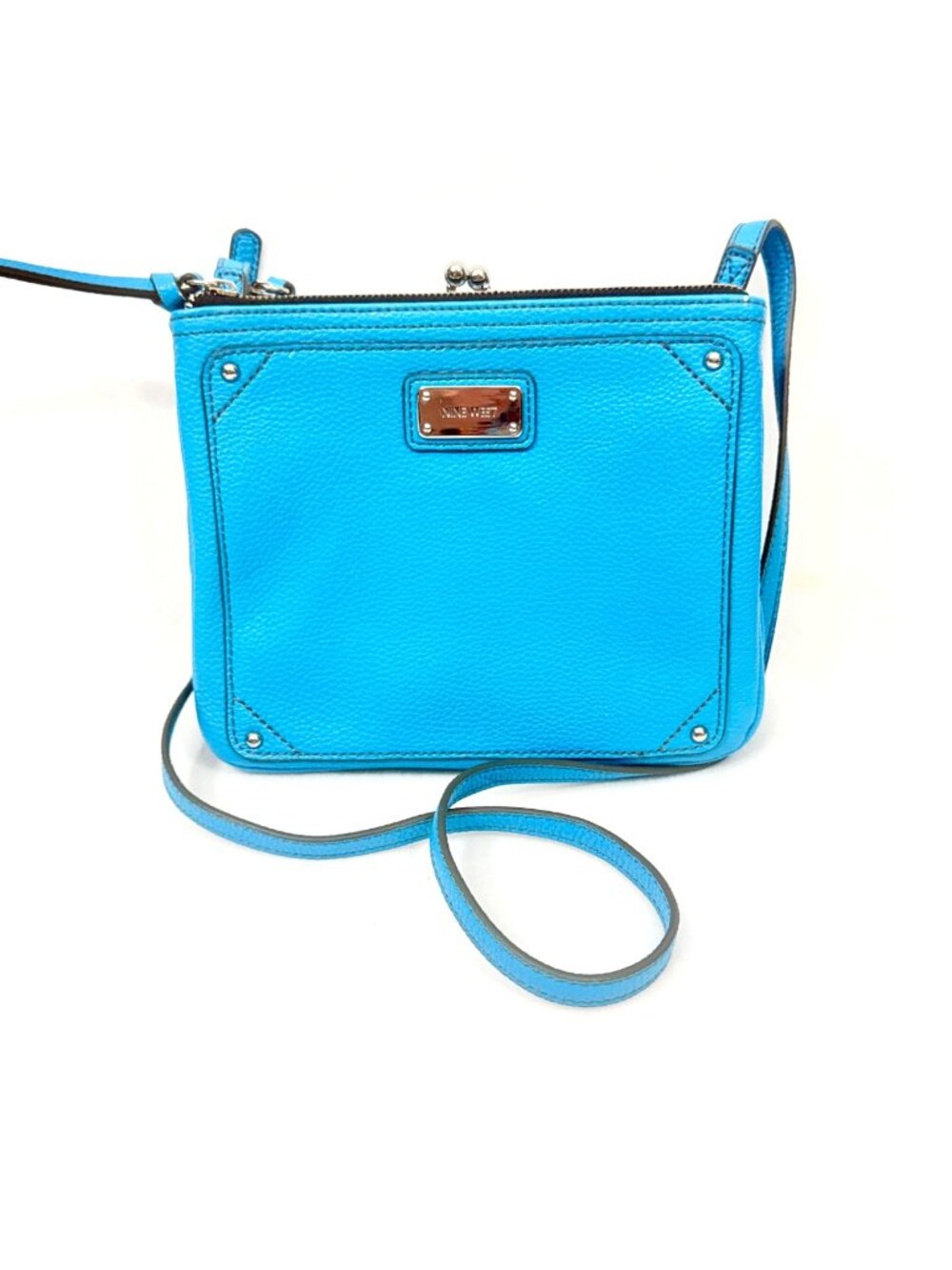 Nine West Turquoise Crossbody w/Leopard Print Kiss Lock & Zipper Sections